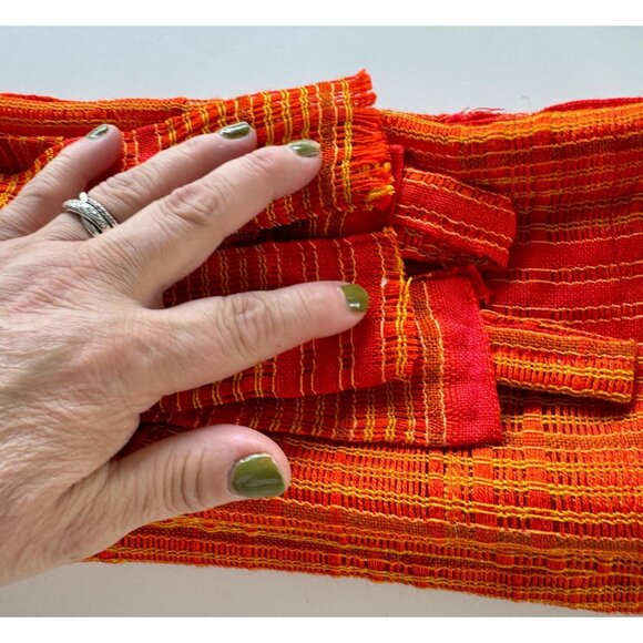 Vintage 70s curtains, red, orange, yellow sheer woven panels, tiebacks, pair - Picture 4 of 10